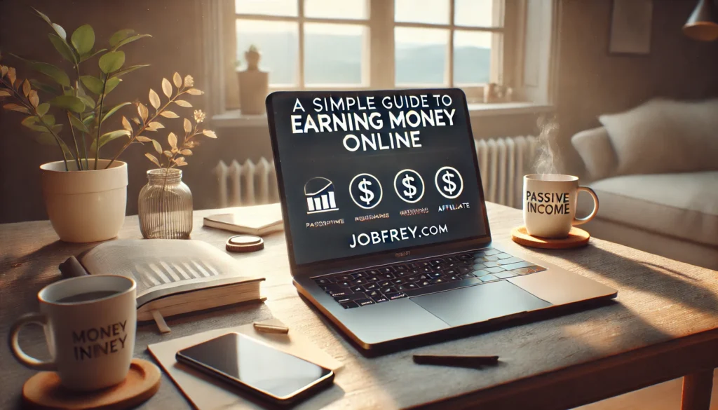 A photo background image for a digital guide titled 'A Simple Guide to Earning Money Online'. The scene shows a cozy home workspace setup wit