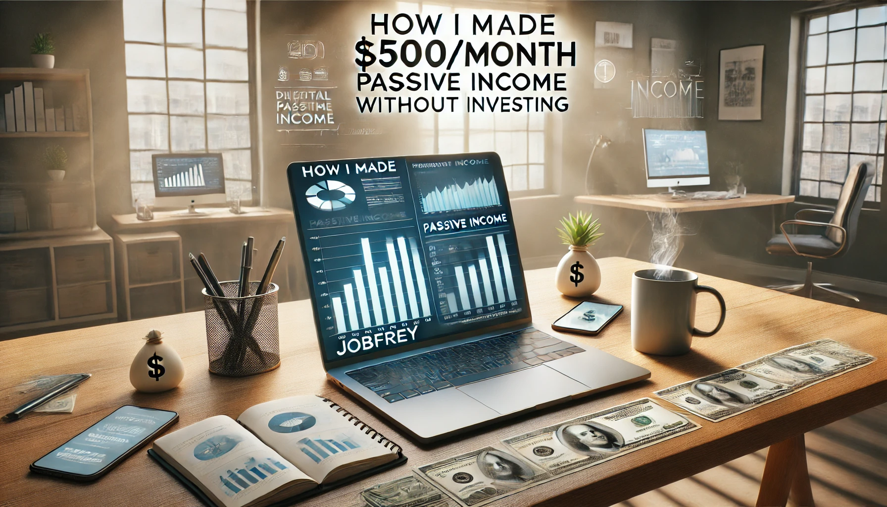A photo home office background showing a laptop on a tidy desk with financial charts and income icons (dollar signs, money stacks, bar graphs How I Made $500/Month Passive Income Without Investing